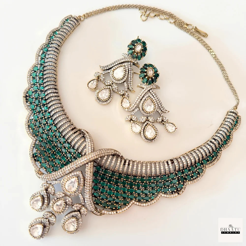 Ruby Tone CZ Bridal Necklace Set with Pear Drop Pendant & Matching Earrings – Gold Finish Artificial Jewelry