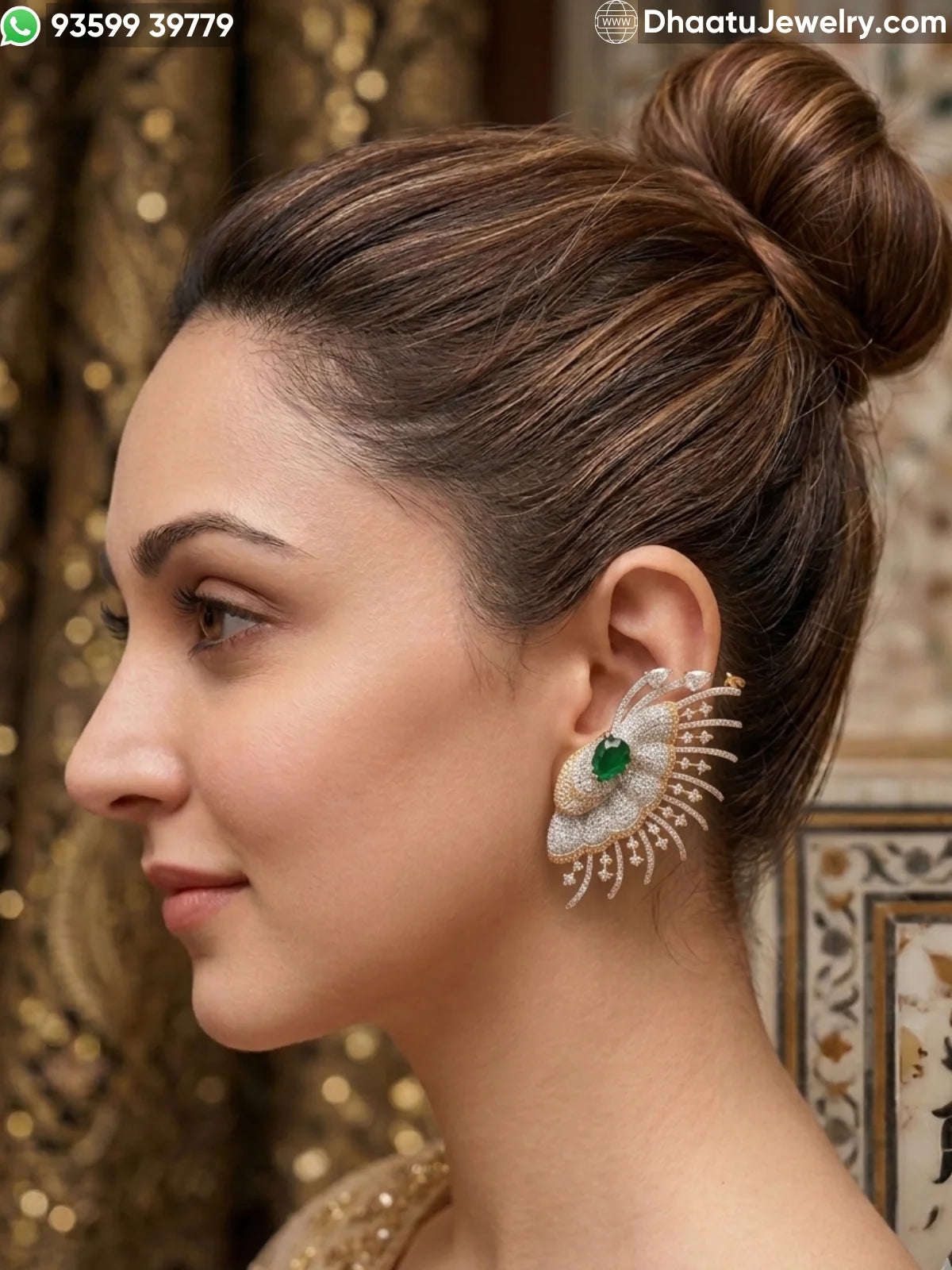 Premium Floral Gold-Plated CZ Statement Ear Cuff Earrings with Cartilage Clasp - Available in Emerald Green, Ruby Red, and Crystal White