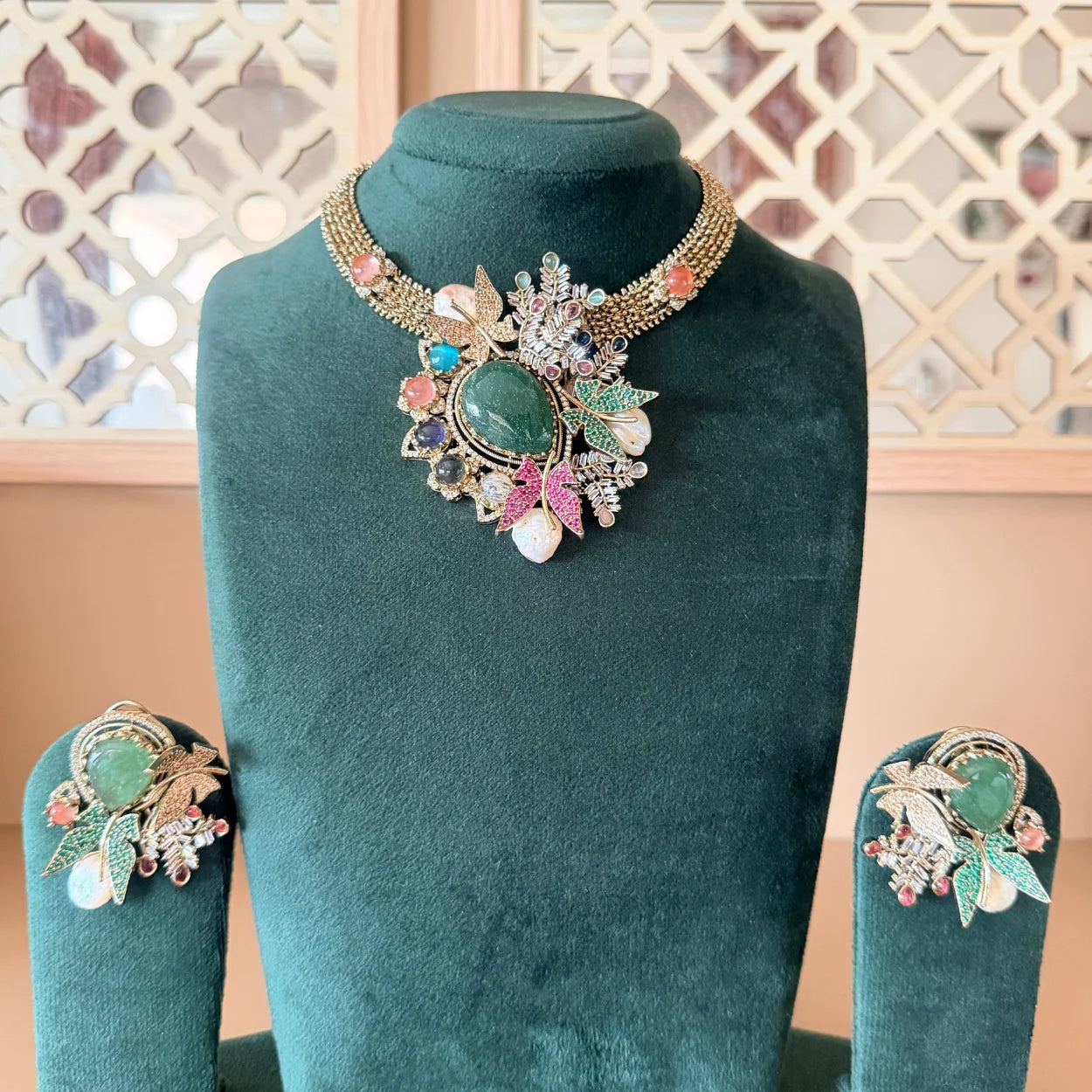 Rivaayat Butterfly & Leaf Motif Victorian Fusion Choker Set with Baroque Pearls
