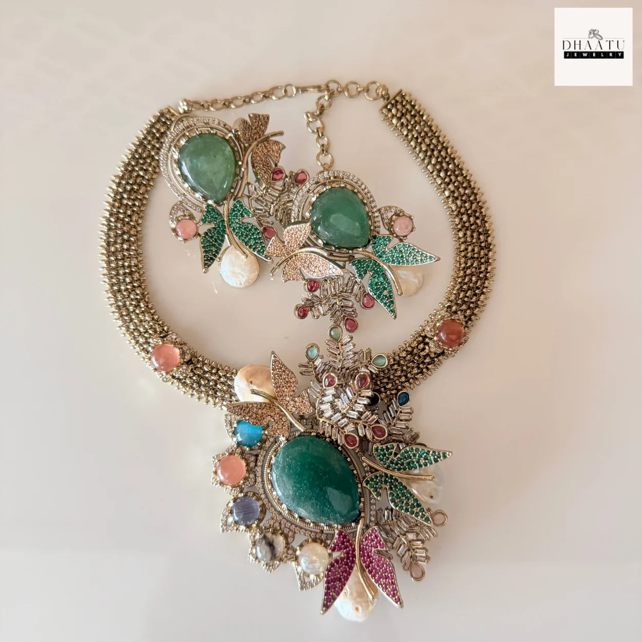 Rivaayat Butterfly & Leaf Motif Victorian Fusion Choker Set with Baroque Pearls