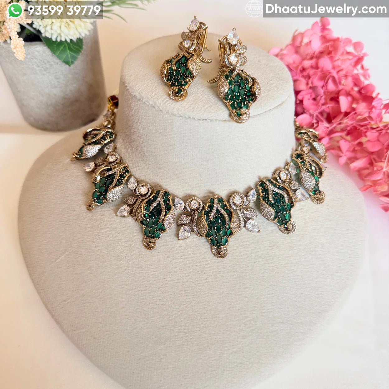 Floral Fusion Choker Set with Ruby & Emerald Stones - Victorian Style Nakshi Jewelry