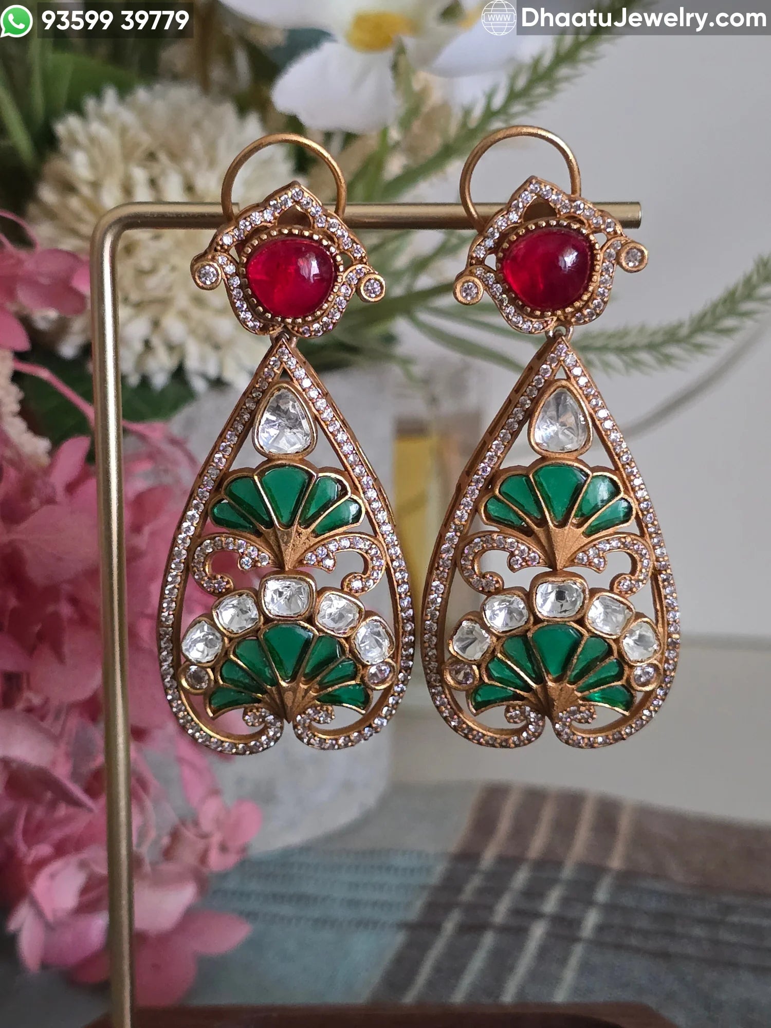 Antique Mehendi Plated Moissanite, Kundan & Ruby-Emerald Doublet Teardrop Earrings