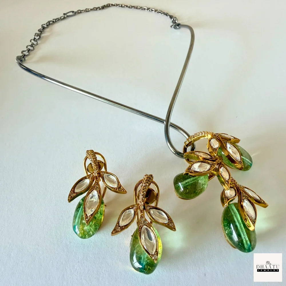 Handcrafted Kundan Leaf Motif Hasli Torque Necklace & Earring Set – 6 Colors