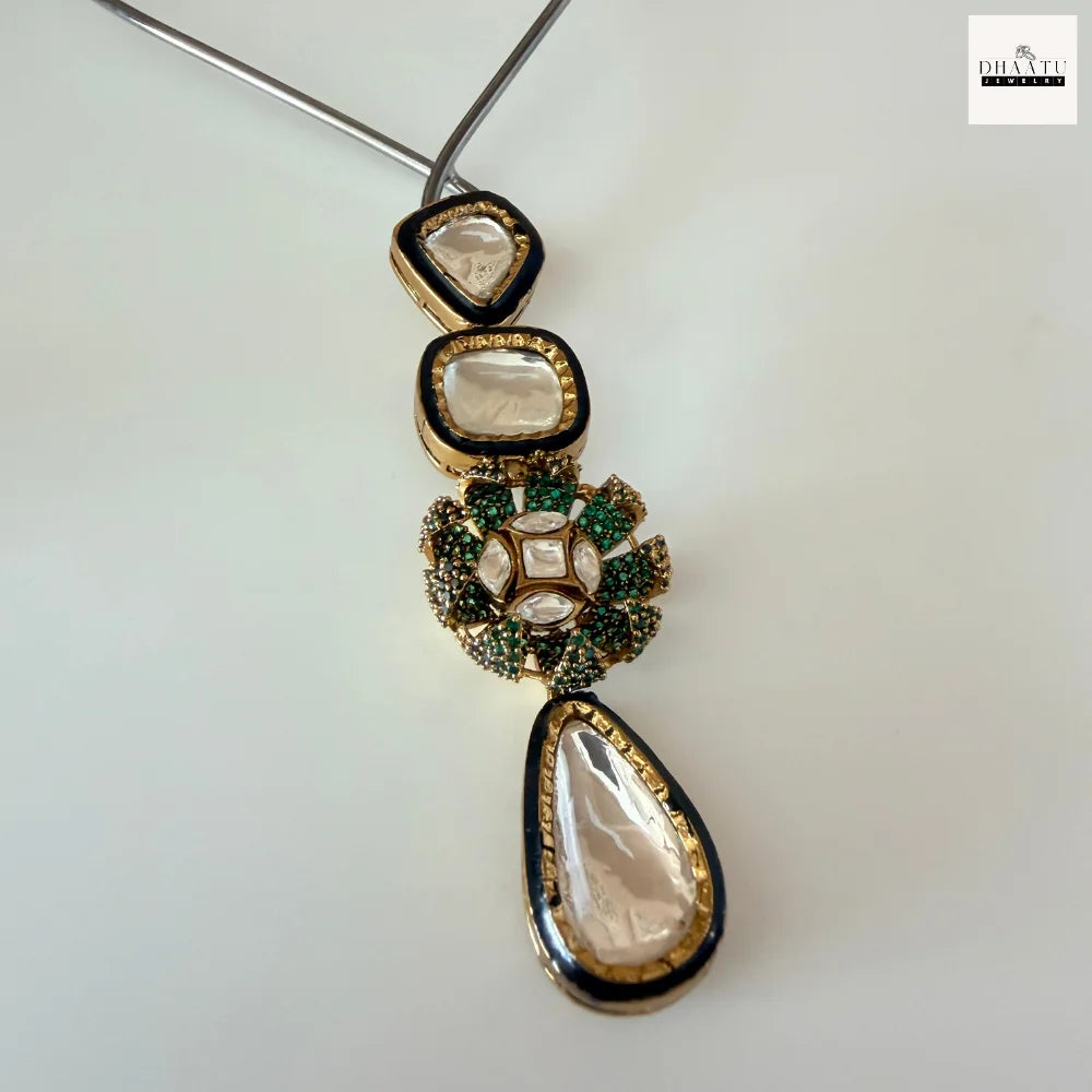 Handcrafted Kundan Polki Floral Pendant Necklace & Earrings Set With Meenakari Work