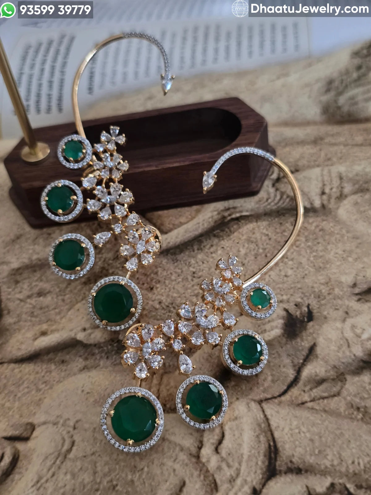 Premium Gold Plated Floral Ear Cuff Earrings with Ruby and Emerald Gemstones – Full Ear Wrap with Adjustable Cartilage Clasp