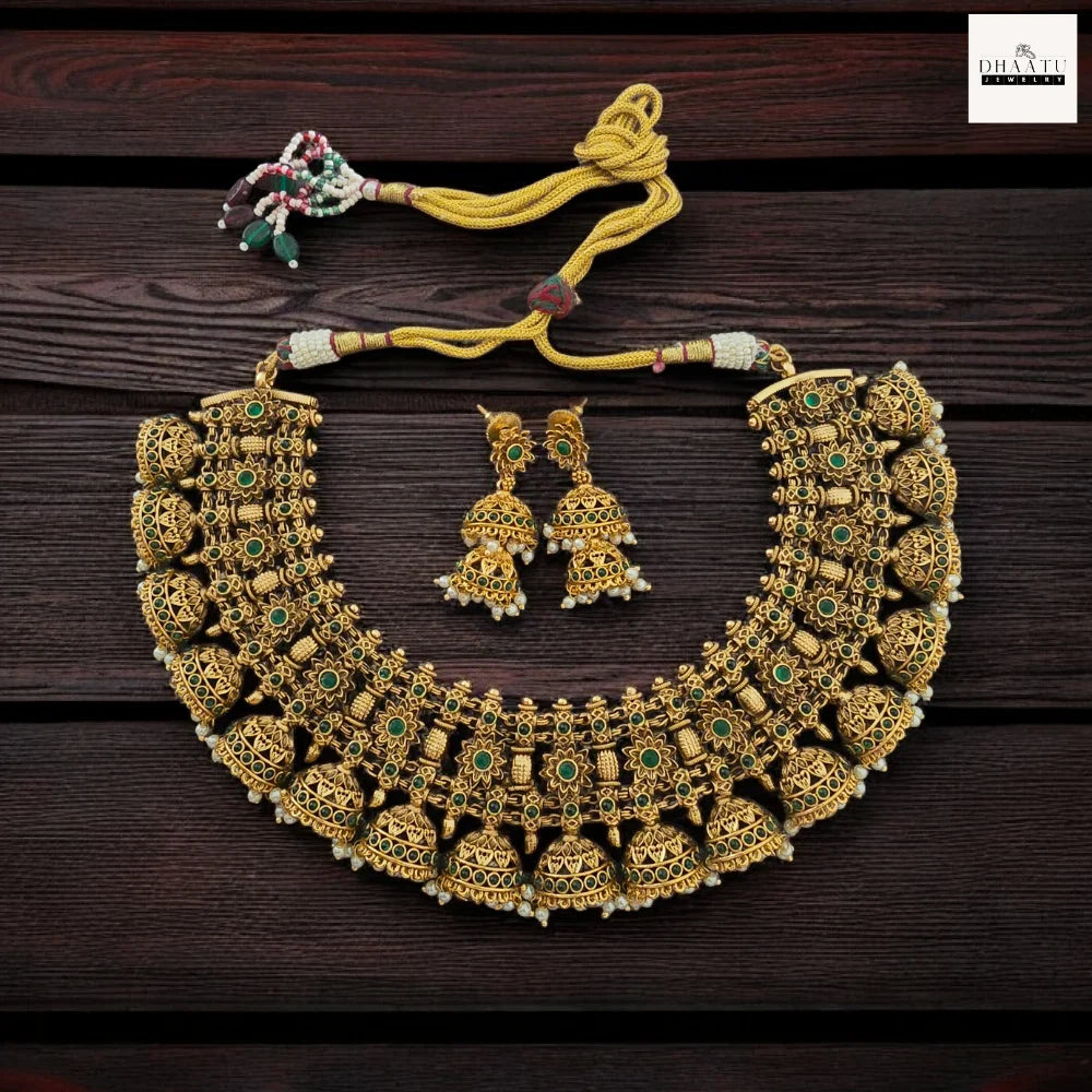Antique Gold-Plated Jhumka Choker Necklace Set with Emerald Green Accents and Pearl Droplets