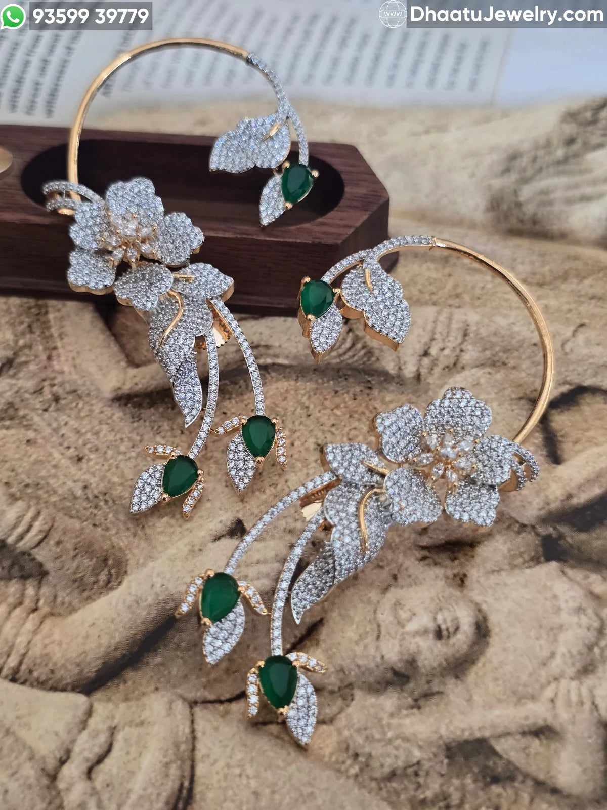 Premium Gold-Plated Floral Ear Cuff Earrings - Intricate CZ Studded Design with Emerald & Clear Variants