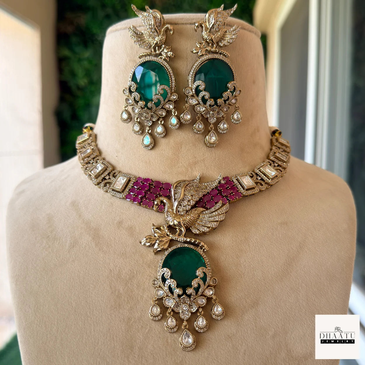 Handcrafted Peacock Motif Fusion Necklace Set with Polki Work and Vibrant Drop Stones