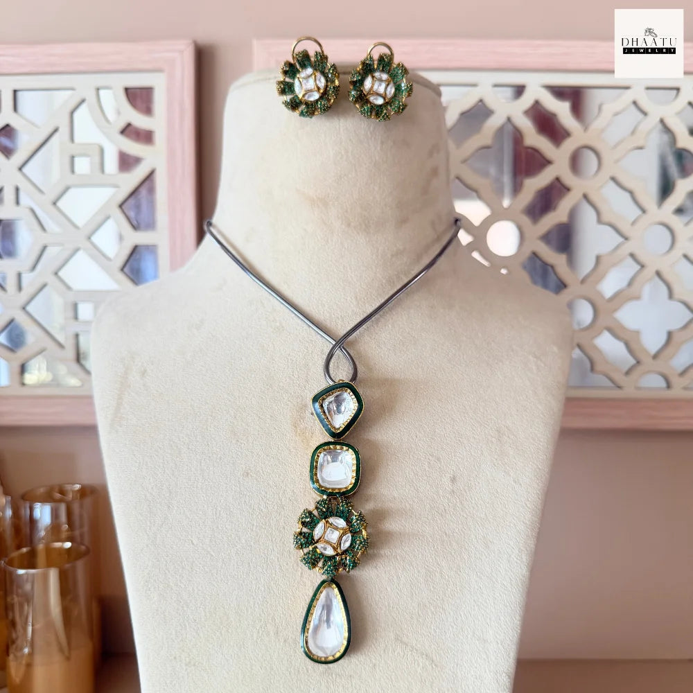 Handcrafted Kundan Polki Floral Pendant Necklace & Earrings Set With Meenakari Work