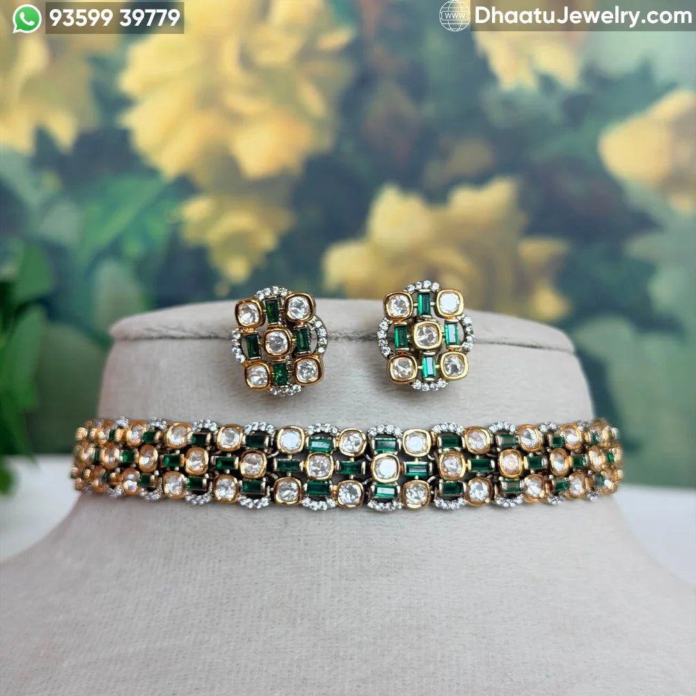 Handcrafted Real Polki and Moissanite Choker Set with Ruby & Emerald Baguettes – Adjustable Bridal Necklace and Stud Earrings Set