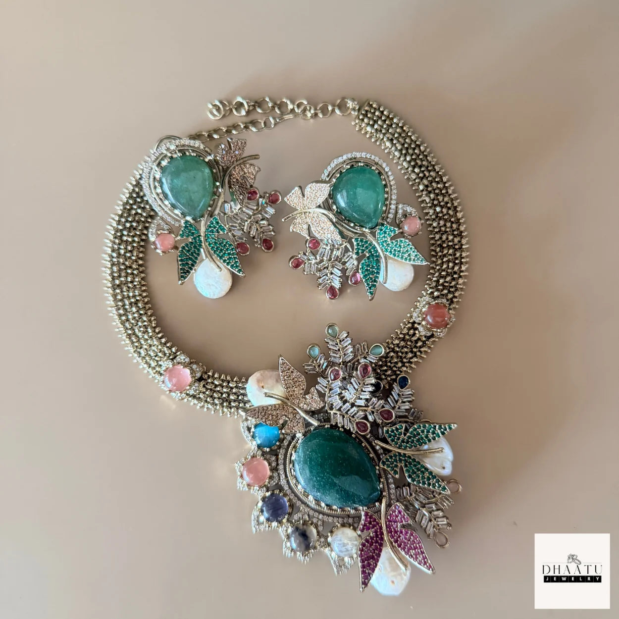 Rivaayat Butterfly & Leaf Motif Victorian Fusion Choker Set with Baroque Pearls