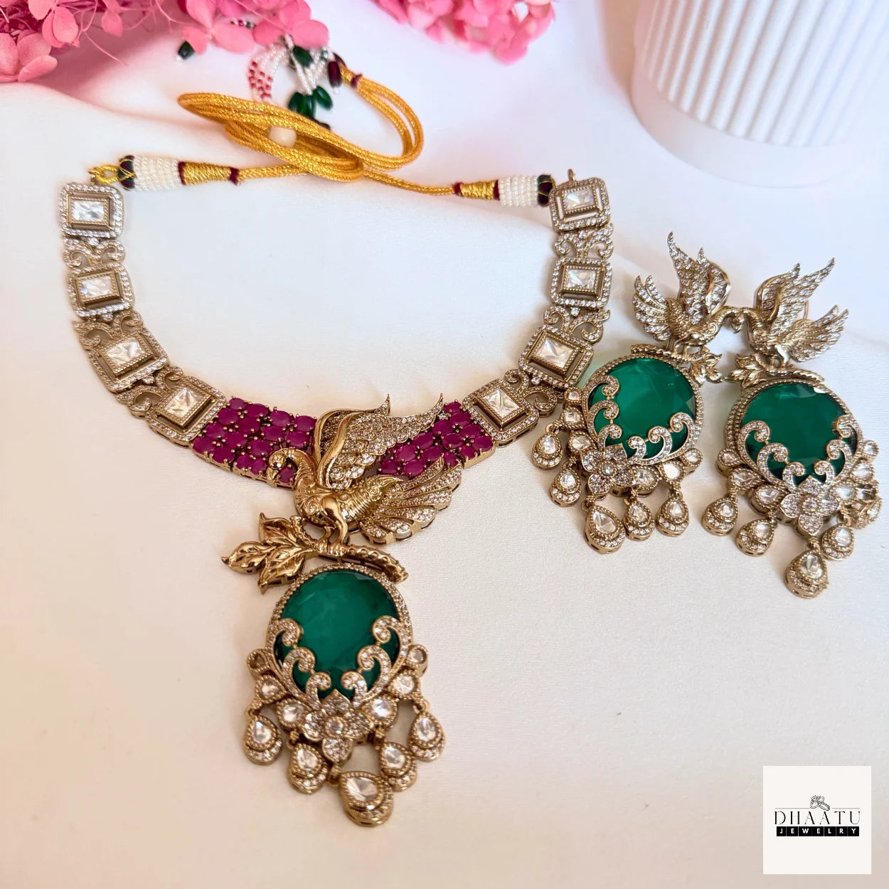 Handcrafted Peacock Motif Fusion Necklace Set with Polki Work and Vibrant Drop Stones