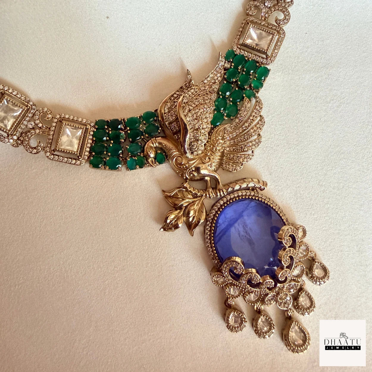 Handcrafted Peacock Motif Fusion Necklace Set with Polki Work and Vibrant Drop Stones