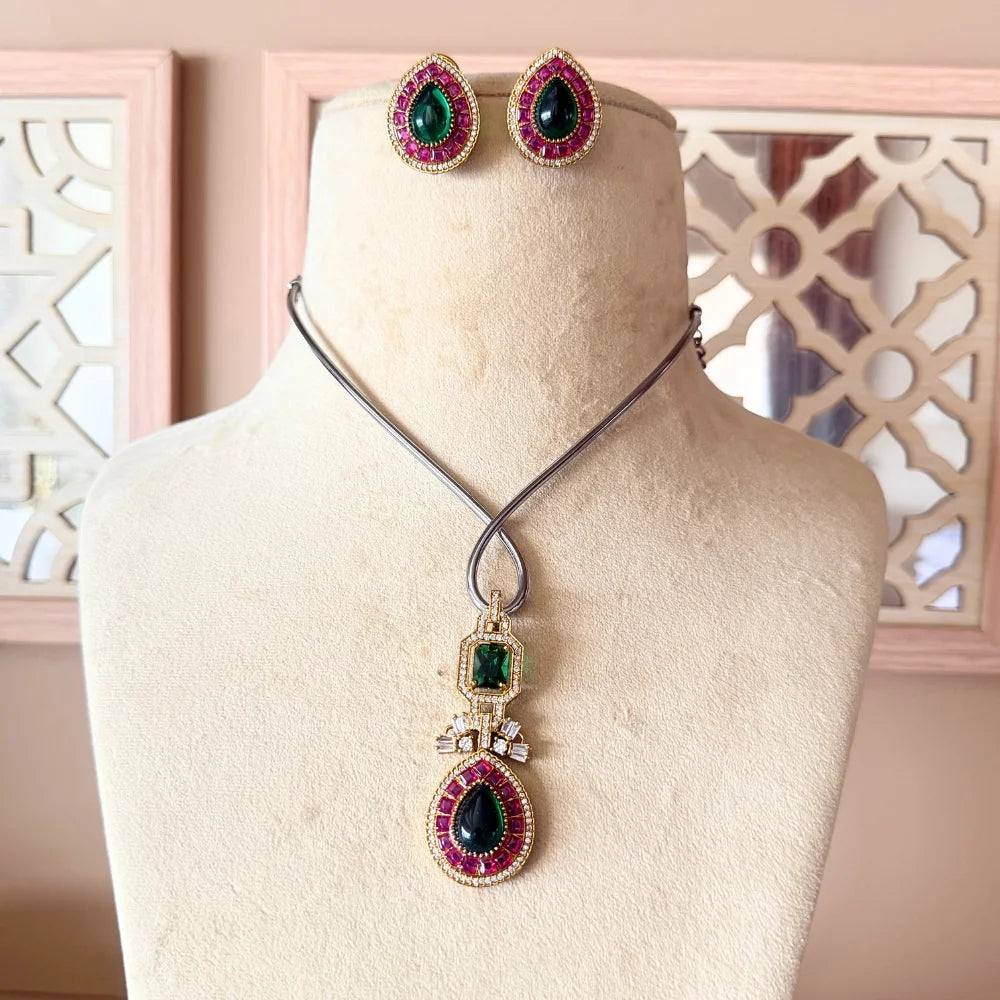 Pear-Cut Gemstone Fusion Jewelry Set – Gold-Plated Teardrop Necklace & Studs with Baguette Halo