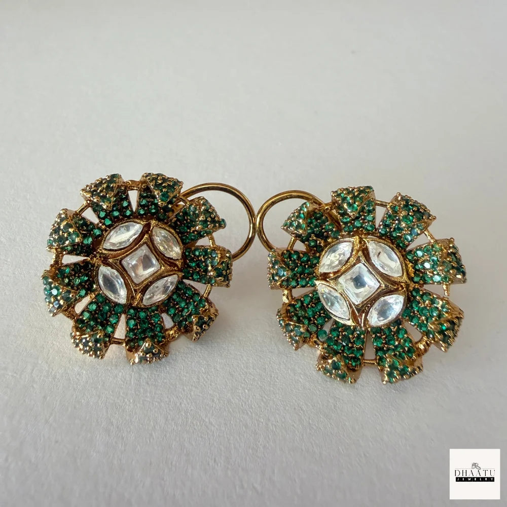 Handcrafted Kundan Polki Floral Pendant Necklace & Earrings Set With Meenakari Work