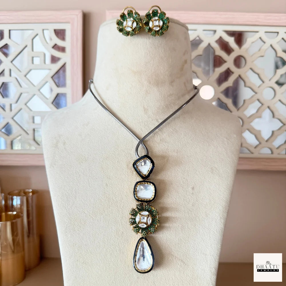 Handcrafted Kundan Polki Floral Pendant Necklace & Earrings Set With Meenakari Work