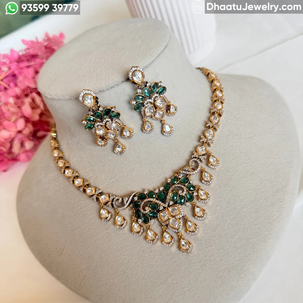 Emerald Green Moissanite & Real Polki Kundan Necklace Set with Drop Earrings in Gold-Plated Brass