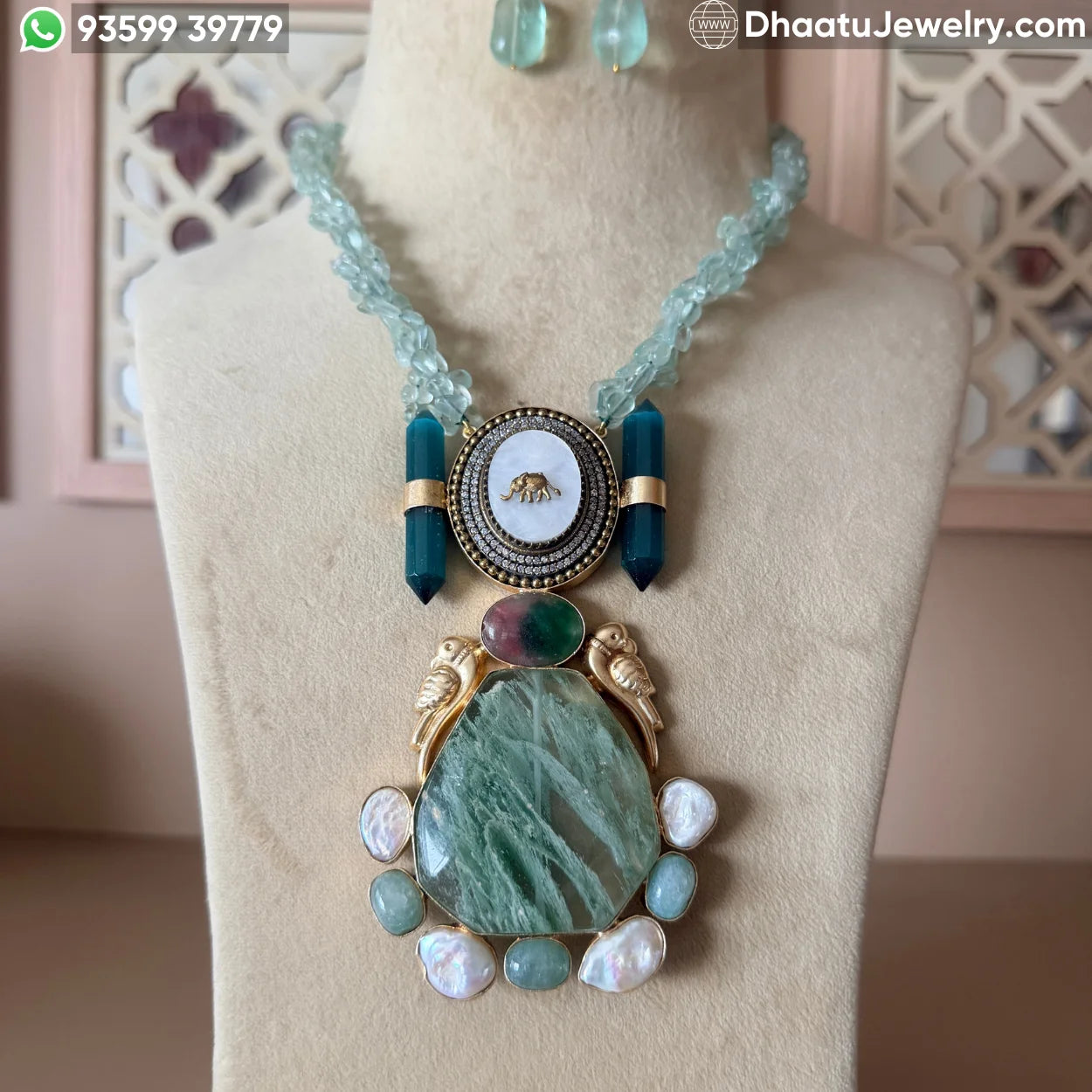 Handcrafted Fusion Statement Necklace Set with Elephant Motif, Emerald-Green Stones, and Baroque Pearls