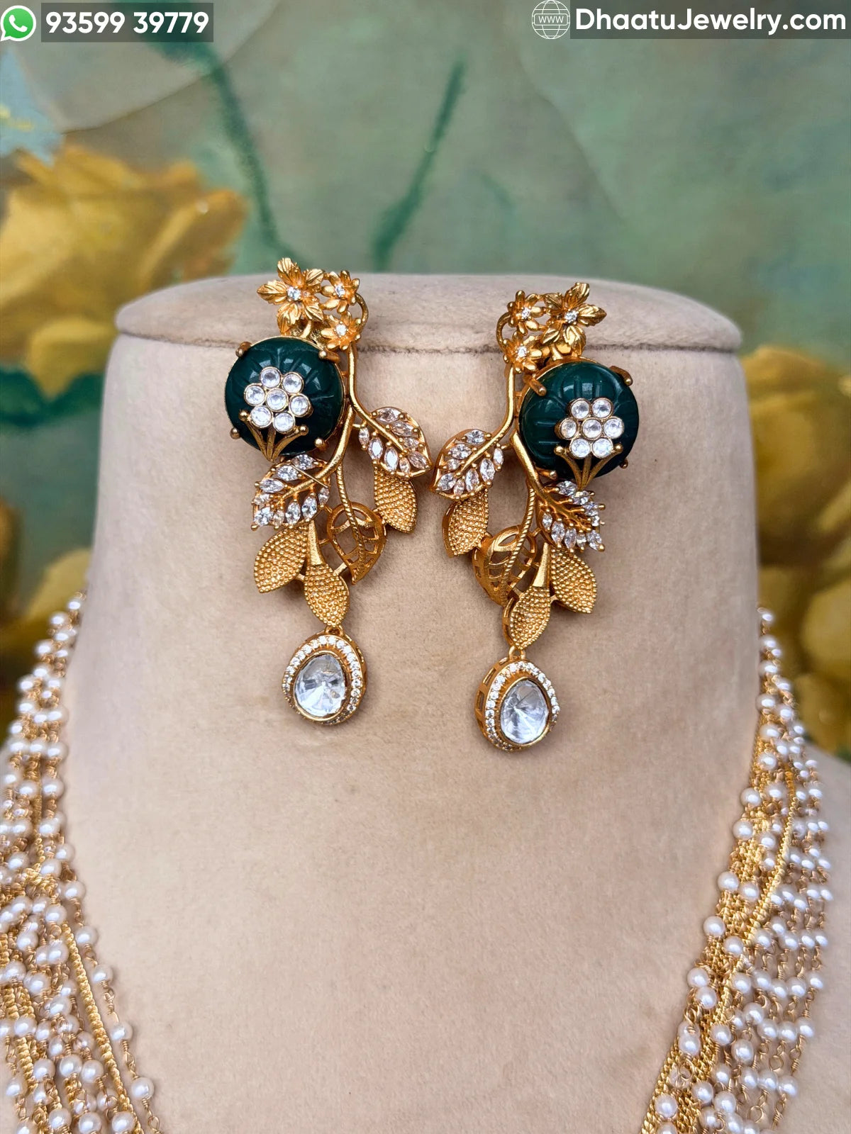 Gold-Finished Brass Floral Kundan & Pearl Layered Necklace Set with Matching Earrings