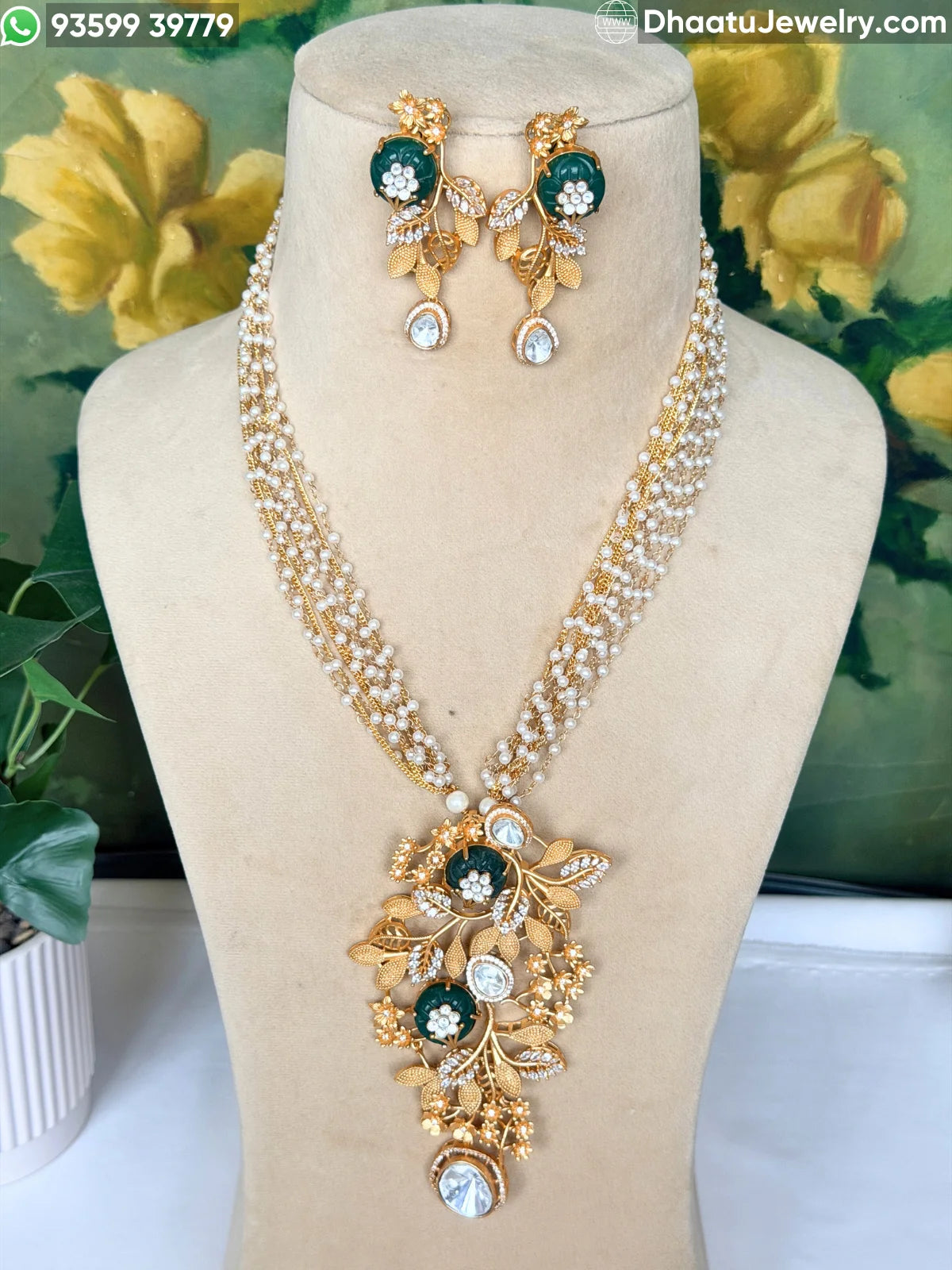 Gold-Finished Brass Floral Kundan & Pearl Layered Necklace Set with Matching Earrings