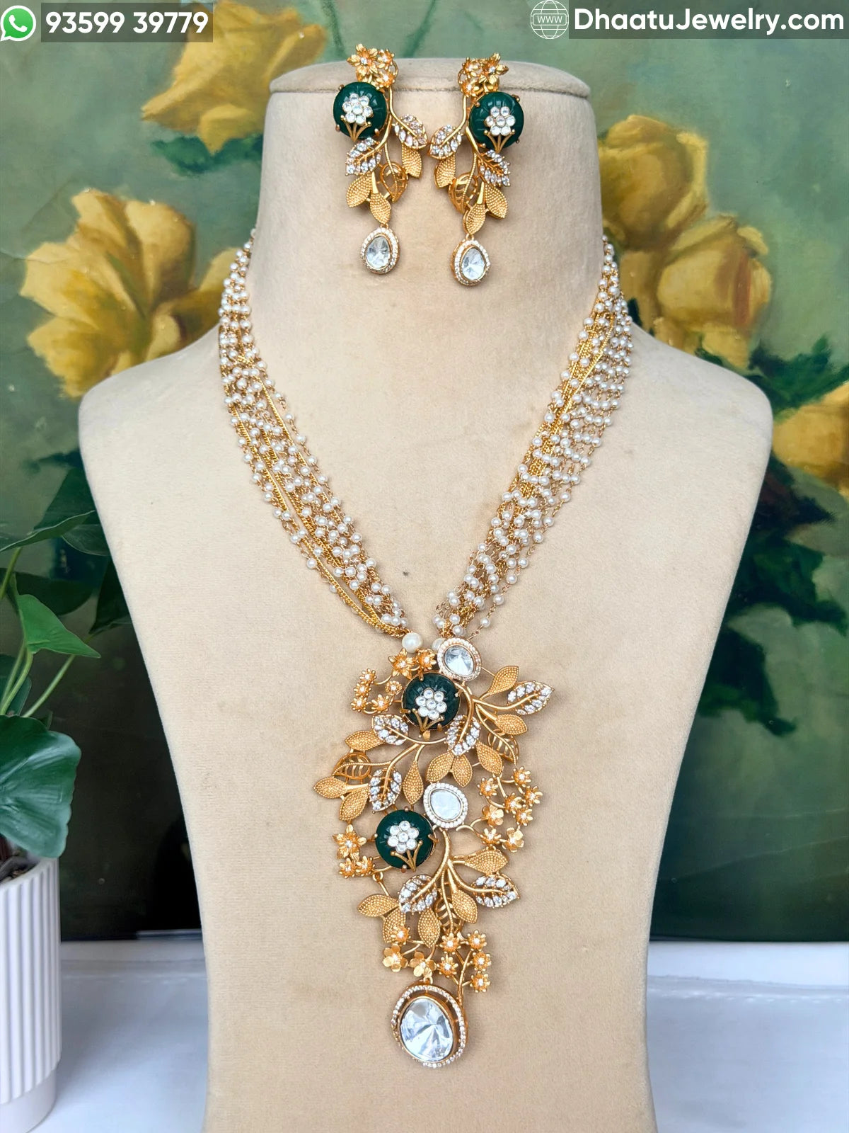 Gold-Finished Brass Floral Kundan & Pearl Layered Necklace Set with Matching Earrings