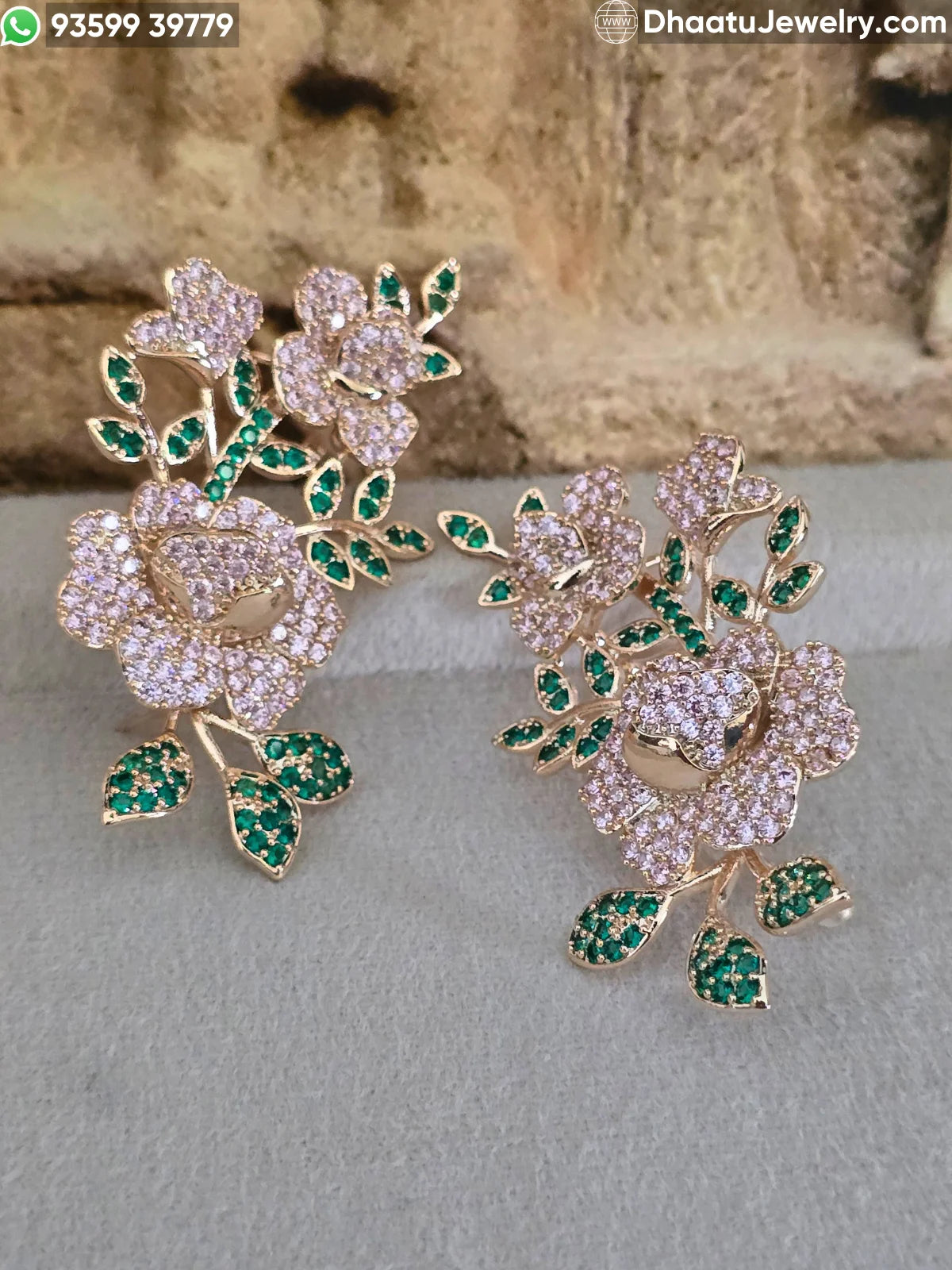Premium Gold-Plated Intricate Floral Ear Cuff Crawler Earrings – Studded Bloom Design in Emerald Green & Diamond White Variants