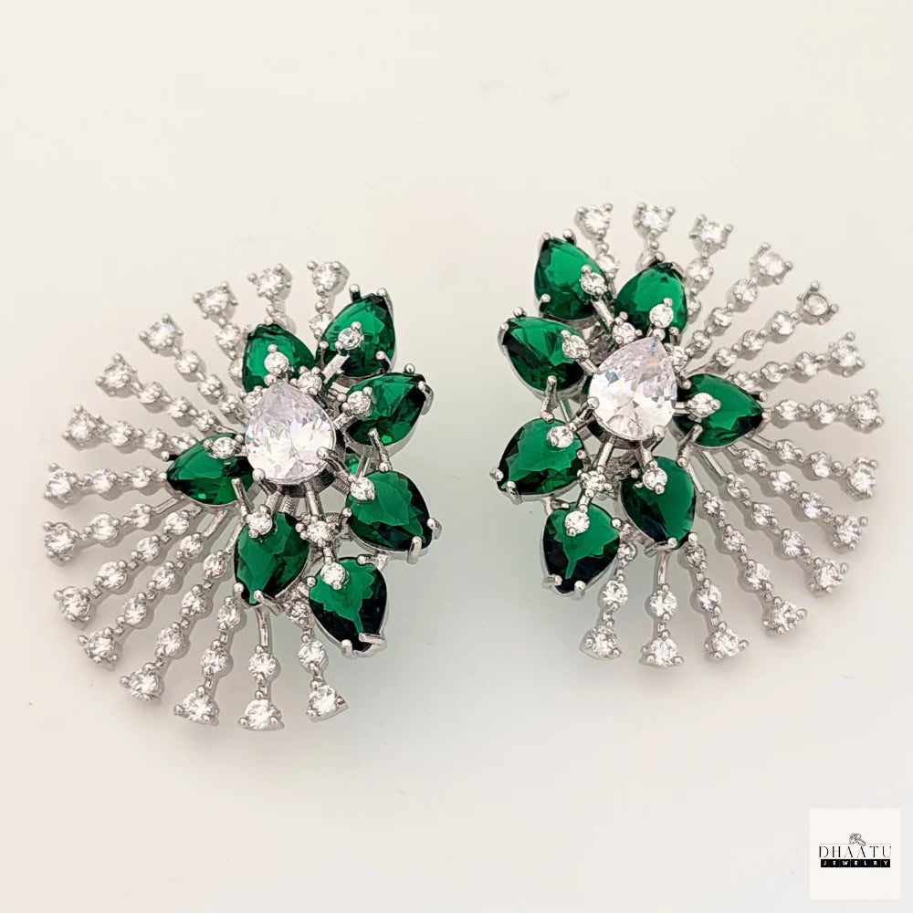 Celestial Sunburst Statement Stud Earrings – Pear-Cut Cubic Zirconia & Crystal Halo (Available in 5 Colors) | Silver Plating