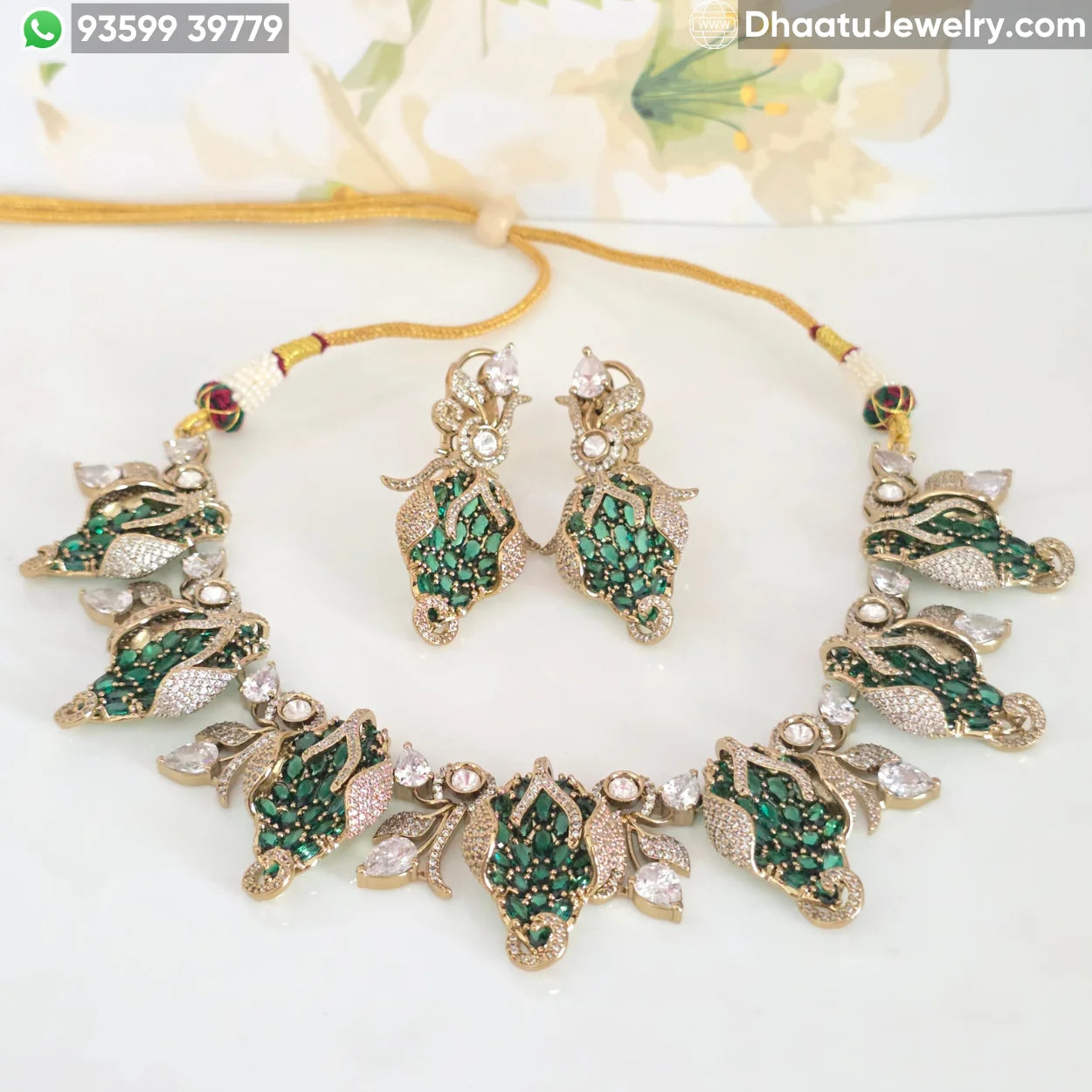 Floral Fusion Choker Set with Ruby & Emerald Stones - Victorian Style Nakshi Jewelry