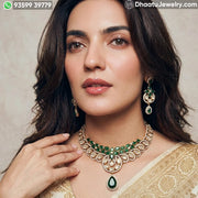 Handcrafted Emerald Green Moissanite and Real Polki Necklace Set with Matching Drop Earrings – Antique Gold Finish Bridal & Festive Jewelry
