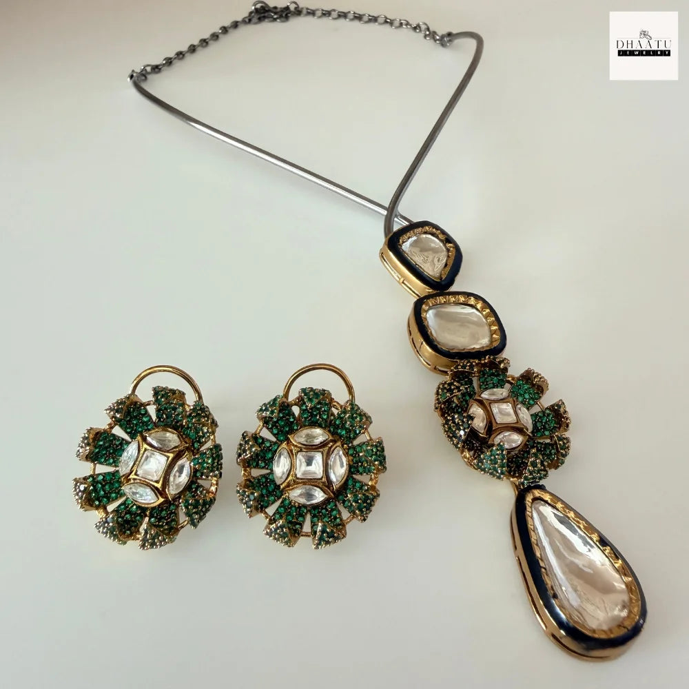 Handcrafted Kundan Polki Floral Pendant Necklace & Earrings Set With Meenakari Work