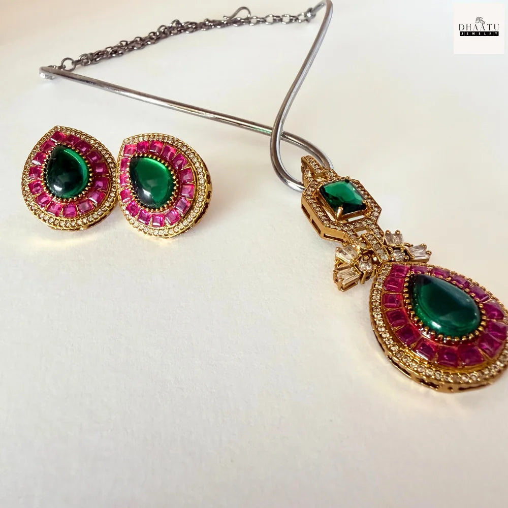 Pear-Cut Gemstone Fusion Jewelry Set – Gold-Plated Teardrop Necklace & Studs with Baguette Halo