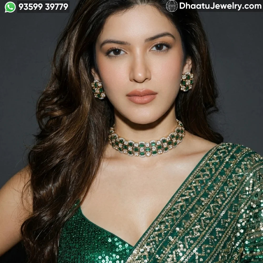 Handcrafted Real Polki and Moissanite Choker Set with Ruby & Emerald Baguettes – Adjustable Bridal Necklace and Stud Earrings Set