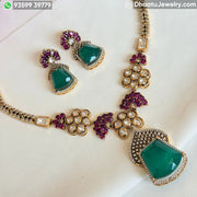 Handcrafted Gold-Plated Emerald Green Stone Collar Set with Real Polki & Moissanite Accents – Ruby Pink Meenakari Detail Earrings and Necklace