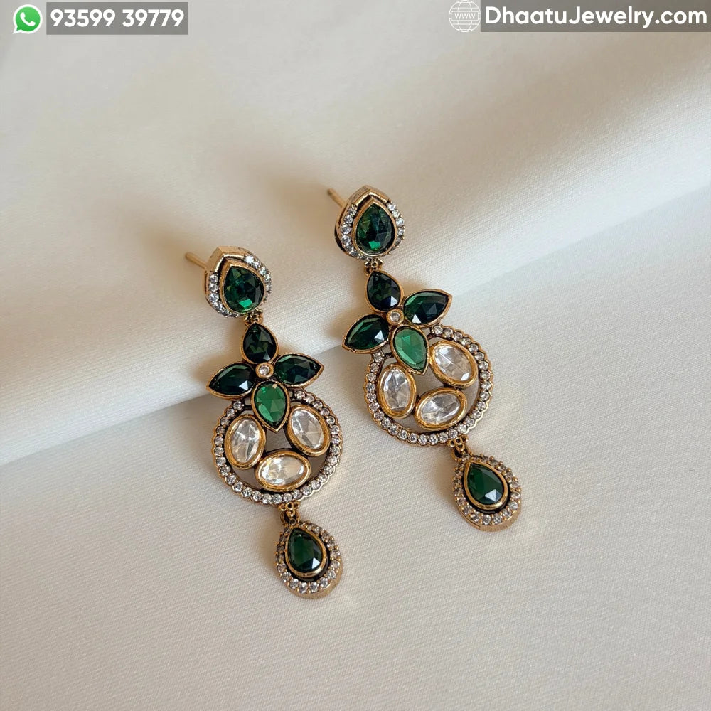 Handcrafted Emerald Green Moissanite and Real Polki Necklace Set with Matching Drop Earrings – Antique Gold Finish Bridal & Festive Jewelry