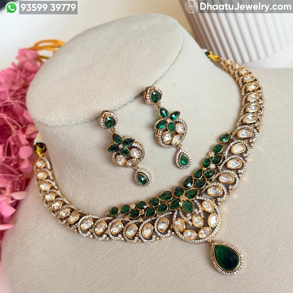 Handcrafted Emerald Green Moissanite and Real Polki Necklace Set with Matching Drop Earrings – Antique Gold Finish Bridal & Festive Jewelry