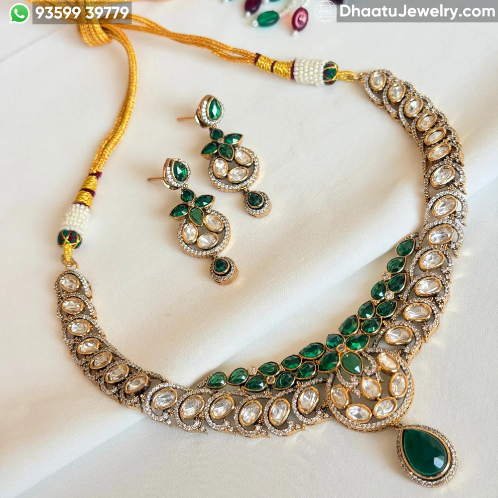 Handcrafted Emerald Green Moissanite and Real Polki Necklace Set with Matching Drop Earrings – Antique Gold Finish Bridal & Festive Jewelry