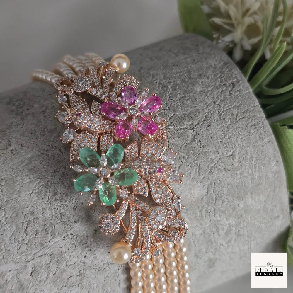 Gulnaar Floral Multi-Strand Pearl Bracelet with Mint & Pink Floral Accents
