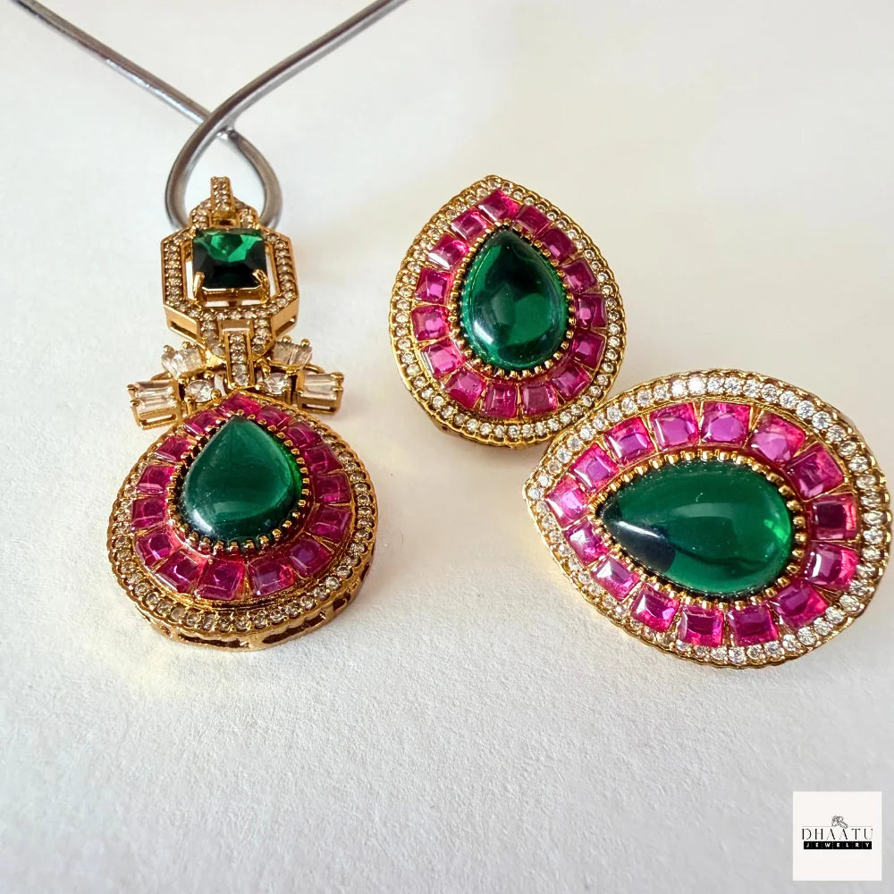 Pear-Cut Gemstone Fusion Jewelry Set – Gold-Plated Teardrop Necklace & Studs with Baguette Halo