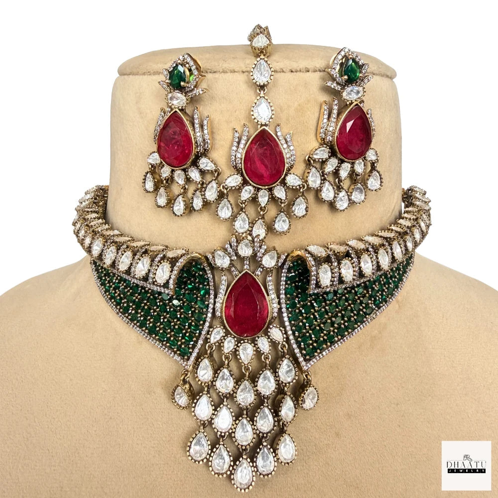 Regal Emerald & Ruby Polki Choker Set – Handcrafted Traditional Necklace with Earrings & Maang Tikka