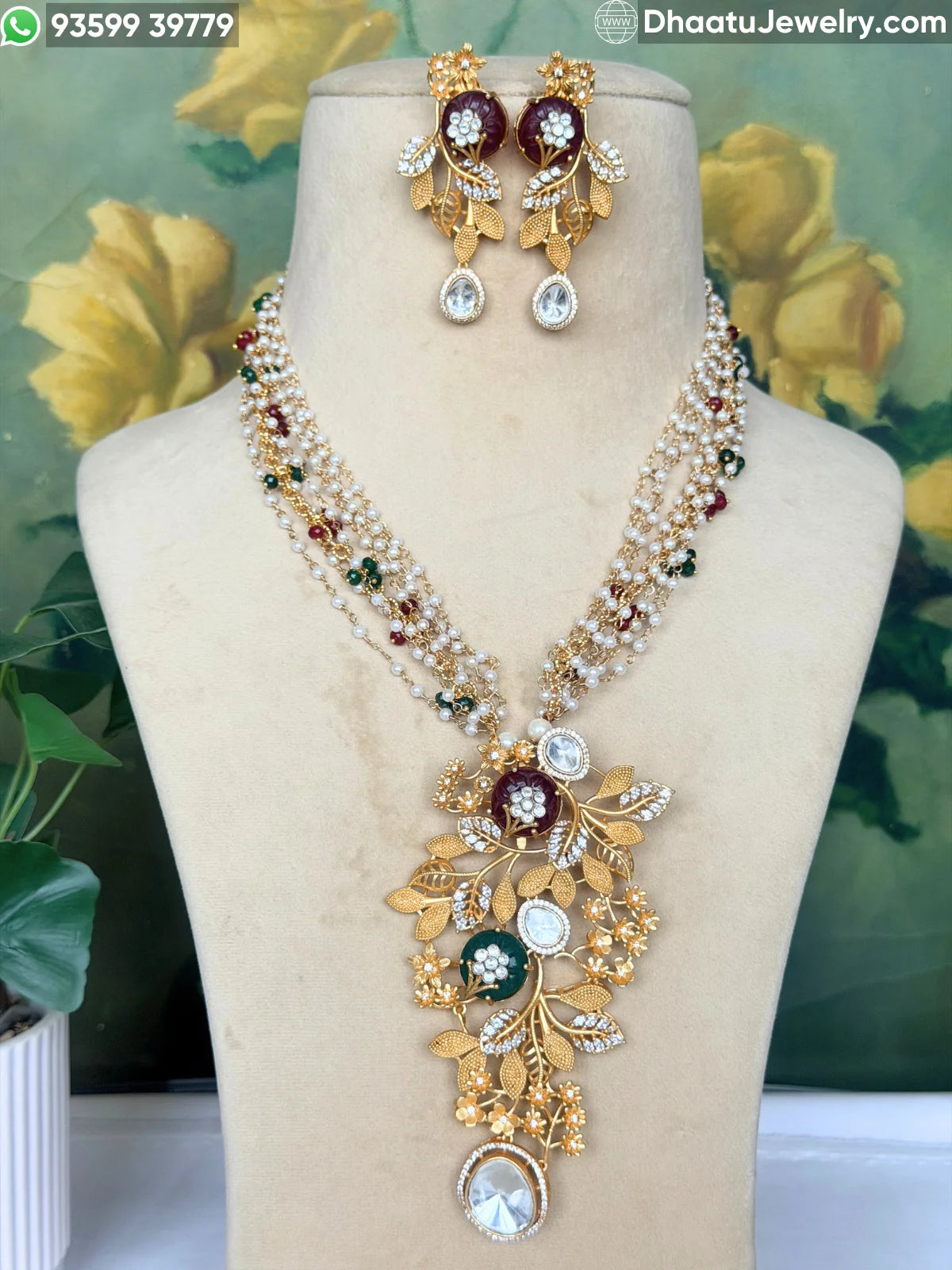Gold-Finished Brass Floral Kundan & Pearl Layered Necklace Set with Matching Earrings