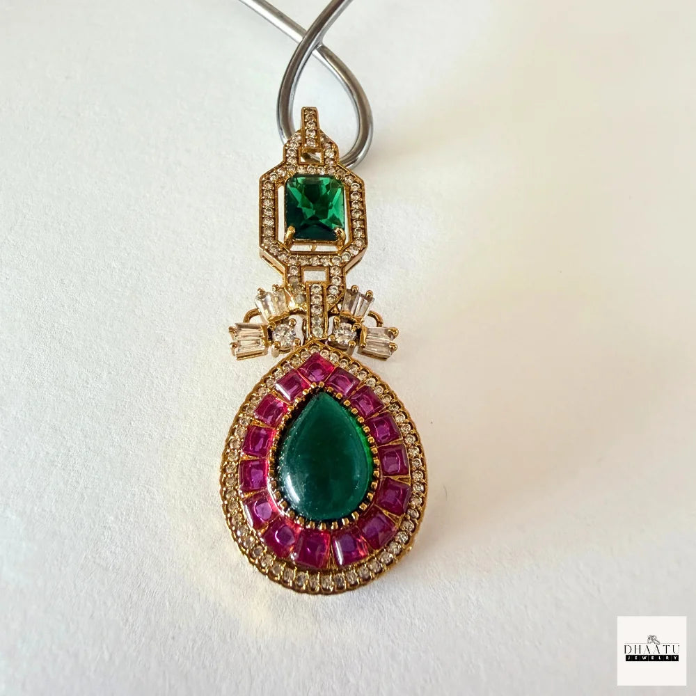 Pear-Cut Gemstone Fusion Jewelry Set – Gold-Plated Teardrop Necklace & Studs with Baguette Halo