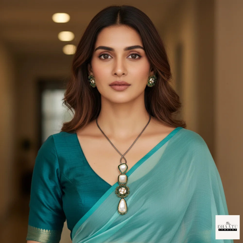 Handcrafted Kundan Polki Floral Pendant Necklace & Earrings Set With Meenakari Work