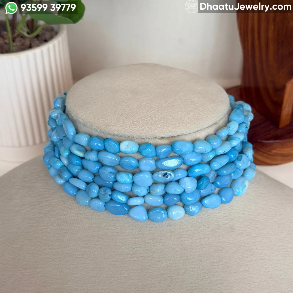 6-Layer Sky Blue Tumbled Natural Stone Choker Necklace - 4.5cm Wide Statement Bead Jewelry with Adjustable Cord