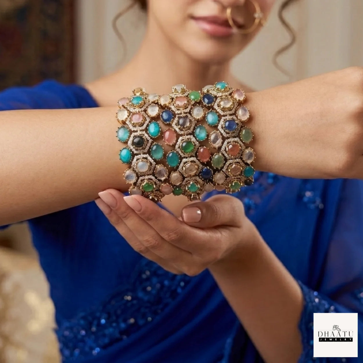 Rivaayat Victorian Antique Cuff – Multi-Hue Doublet Stone Stackable Brass Bracelet