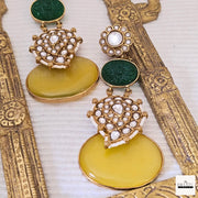 Kundan & Carved Green Stone Drop Earrings with Cat Eye Cabochon (Available in Grey & Yellow)