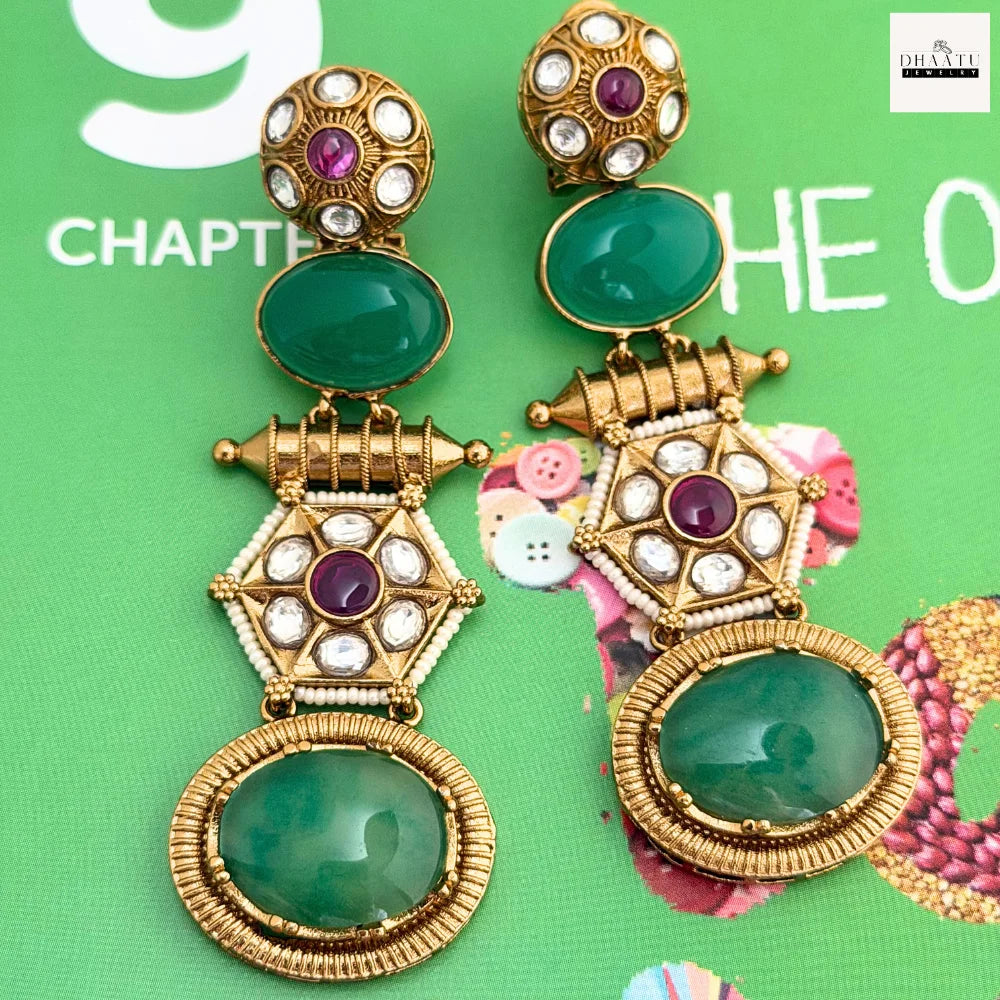 Regal Antique Gold-Plated Kundan Drop Earrings with Green & Orange Cabochon Stones | Statement Ethnic Style