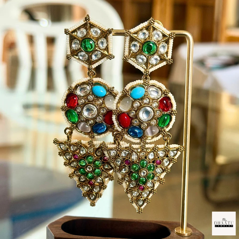 Exquisite Polki & Multicolored Kundan Stone Victorian Drop Earrings - Statement Earrings