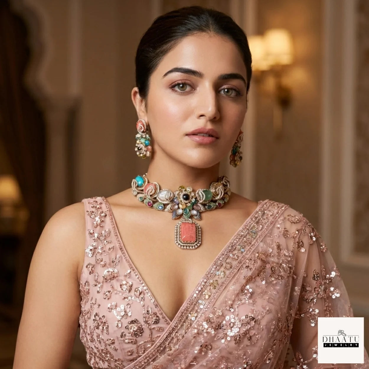 Rivaayat Antique Victorian Choker Set with Multi-Color Doublet Stones & Matching Earrings