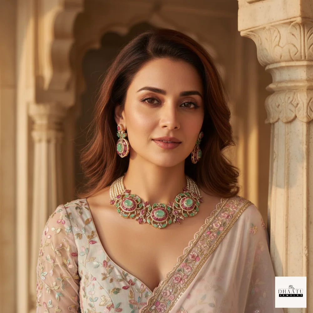 Gulnaar Mint Green & Pink Stone Choker Set with Multi-Strand Pearls
