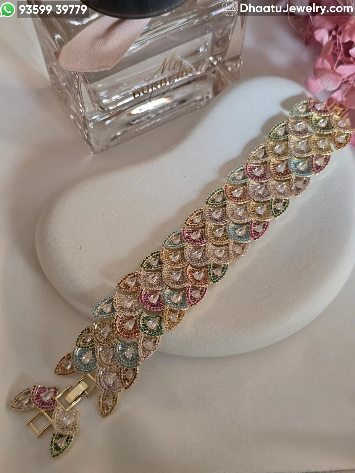 Multicolor Scalloped Peacock Tail Bracelet in Gold & Black Rhodium Finish - 18cm to 21cm Extendable Cubic Zirconia Statement Jewelry